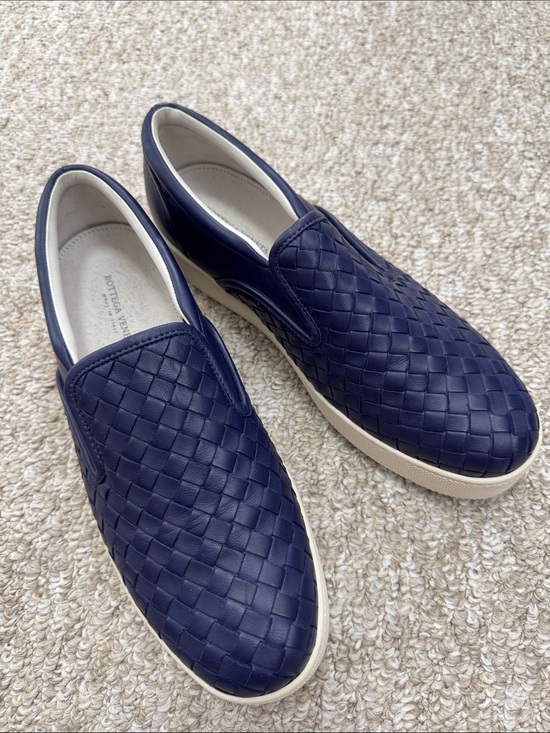 Bottega Veneta Shoes - Bottega Veneta Navy Intrecciato Slip-On Sneakers with Cream Sole